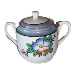 Vintage Asian Japanese Lustreware Sugar Bowl & Lid Gold Trim Floral Hand Painted